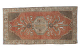 Distressed Oushak rug mat, terracotta field, floral medallion, coffee brown spandrels, 1'7