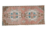 Vintage Distressed Oushak Rug Mat, double floral medallion, dusty rose, turquoise, 1'6
