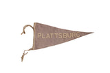 Vintage Plattsburg felt flag, triangular, aged taupe with tan block letters, 18x8 inches.