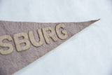 Cream 'SBURG' block letters on the textured taupe felt tip of a Plattsburg pennant.