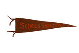 An antique brown felt pennant for Seneca Falls, NY with orange hand-sewn letters in a unique font.