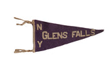 Vintage purple felt Glens Falls NY pennant with beige block letters, circa 1920s, 17x7.