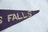 Detail of vintage Glens Falls felt pennant, white block letters 'ALLS' on purple.