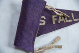 Purple felt edge of Vintage Glens Falls flag, featuring orange stitching and beige ties.