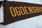 Close-up of the textured brown wool and stitched gold felt letters on the antique pennant.