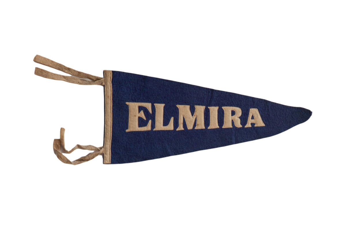 Antique Elmira felt flag pennant with navy blue felt and beige block letters, 17
