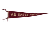 Vintage Au Sable Forks felt pennant in burgundy with classic white block lettering and side ties.