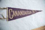 Vintage purple felt pennant, with beige Canandaigua, NY text and aged texture.