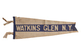 Antique Watkins Glen NY felt flag pennant with blue and white hand-sewn lettering on aged wool, circa 1910s.