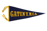 Dark blue vintage Gatun YMCA felt pennant with yellow appliqued lettering and ties.