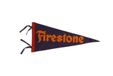 Vintage Firestone felt flag, a navy blue pennant with orange logo and red binding, 19x8.