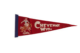Vintage 1950s red felt Cheyenne Wyoming pennant featuring bronco rider, 17
