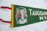 Red ties, yellow trim, and partial waterfall graphic on vintage green felt Taughannock Falls pennant.