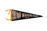 Vintage Watkins Glen NY Felt Flag, black with yellow trim and illustrated waterfall scenes.