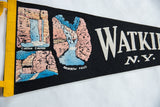 Vintage Watkins Glen felt pennant: Curtain Cascade graphic, pink cliffs, and yellow edge.