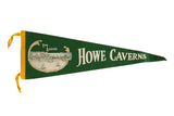 Dark green vintage Howe Caverns felt pennant, The Lodge graphic, circa 1950s.