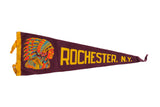 Maroon felt pennant, vintage Rochester NY text, multicolor Indian chief, 26