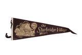 Vintage Old Sturbridge Village felt pennant in dark brown with a cream graphic of a water mill.
