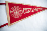 Red felt pennant's left side, with tan border, red hanging ribbon, and college logo.