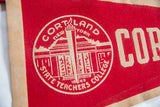Vintage Cortland State felt flag close-up, red field, beige college emblem, partial 'Cortland' text.