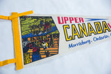 Detailed view of the vintage pennant's historical graphic and stitched yellow felt border.
