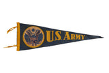 Vintage dark blue felt US Army pennant with yellow text and seal, 26 x 8.5 inches.