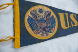 Vintage blue felt Army pennant with yellow ties and distressed US seal.
