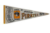 Vintage Pittsburgh Pirates felt pennant, off-white with orange, black, 1979 World Champs graphics.