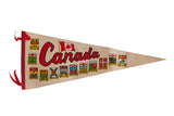 Vintage felt Canada flag pennant with red lettering, maple leaf, and provincial flags, 29x12 inches.