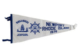 Vintage white felt pennant with navy blue Windjammers ships and Newport RI 1976 graphics.