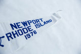 Vintage felt pennant showing blue 'Newport Rhode Island 1976' text and light creases.