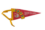 Vintage 1970 1000 Islands red felt flag with yellow trim and bridge graphic.