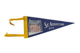 Vintage navy blue felt St. Augustine FL pennant flag with Oldest Wooden School graphic, 12x5.