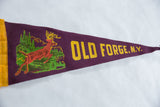 Vintage Old Forge NY felt pennant, purple with yellow lettering and a running buck in green woods.
