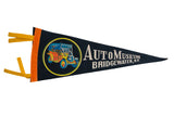 Dark blue vintage felt pennant, Auto Museum Bridgewater NY, colorful old car graphic, 18x7.