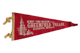 Red felt Henry Ford Museum and Greenfield Village pennant with white historic graphic, 17x7.