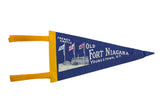 Vintage blue felt flag for Old Fort Niagara featuring the French Castle graphic and yellow ties.