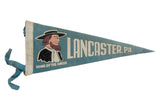 Vintage blue felt flag with Amish man graphic, Lancaster PA Home of the Amish, 12x5.