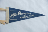 Vintage felt pennant's beige stitched border, blue felt background, and minor pinhole.