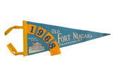 Vintage 1968 Old Fort Niagara felt flag, blue, yellow, featuring Blockhouse Entrance graphic.
