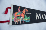 Vibrant retro graphic of a Canadian guard on horseback with a dog on a vintage Montreal flag.