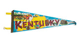 Vintage Kentucky felt pennant featuring a retro map, horse racing, and Lincoln's Birthplace.
