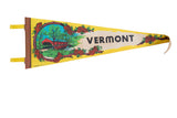 Vintage Vermont felt pennant with retro colors, covered bridge, and pine cone frame.