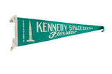 Emerald green vintage Kennedy Space Center Florida felt pennant with Saturn V rocket.