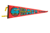Vintage Chicago O'Hare International Airport pennant, red felt with retro airplanes and city skyline.