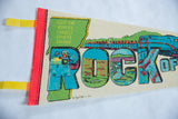 Vintage Rock of Aces felt pennant, red stitched edge, yellow tie, and worker graphic in 'R'.
