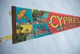 Vintage felt pennant detail: brown binding, yellow tie, and part of blue graphic.