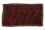 Antique Belouch rug, geometric latch palmettes in madder root, chocolate, navy, 2'6