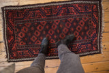 Antique Belouch rug with geometric palmettes, vine border, madder root, brown, navy.