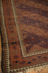 Worn border of a vintage Belouch rug with reciprocating pawn design motif in chestnut and navy.